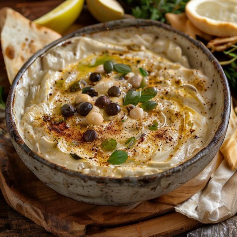 קערת חומוס ביתי קרמי עם שמן זית, פפריקה, צנוברים ופיתה חמה