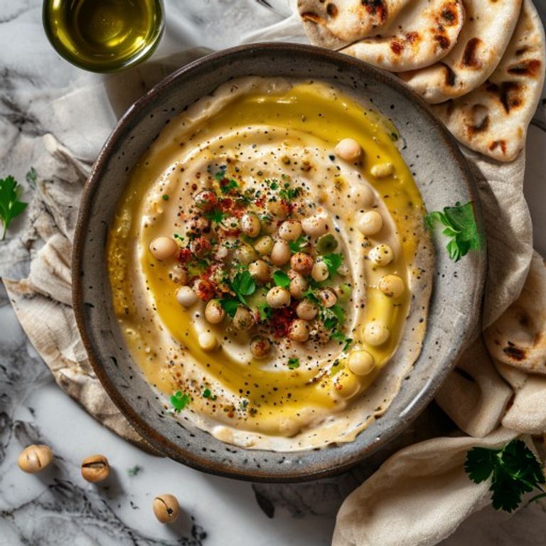 קערת חומוס ביתי קרמי עם שמן זית, פפריקה, צנוברים ופיתה חמה