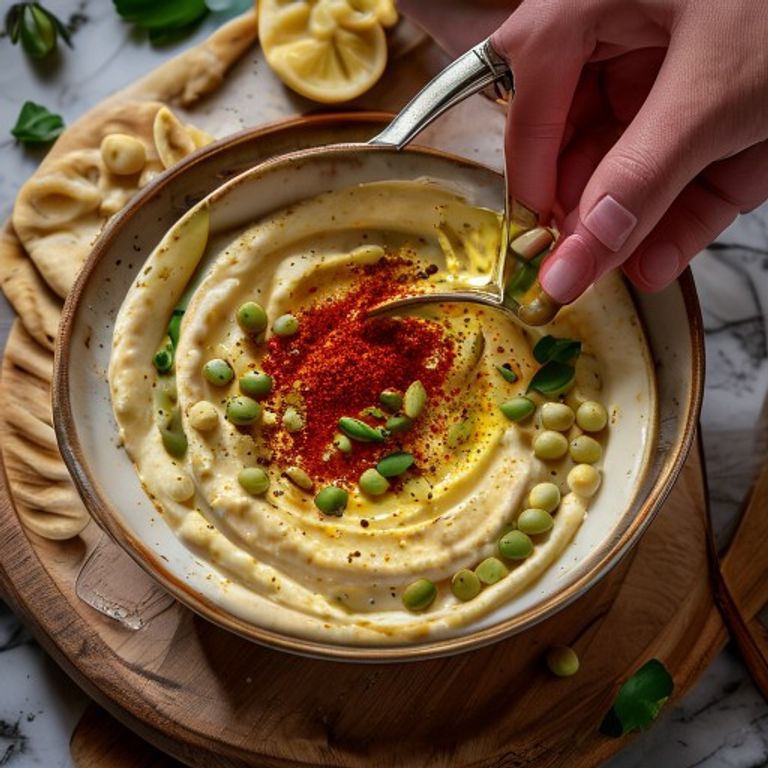קערת חומוס ביתי קרמי עם שמן זית, פפריקה, צנוברים ופיתה חמה