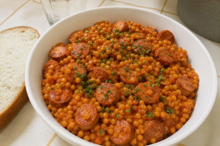 מחבת נקניקיות ברוטב עגבניות אדום עם פתיתים — ארוחת ילדים ישראלית קלאסית