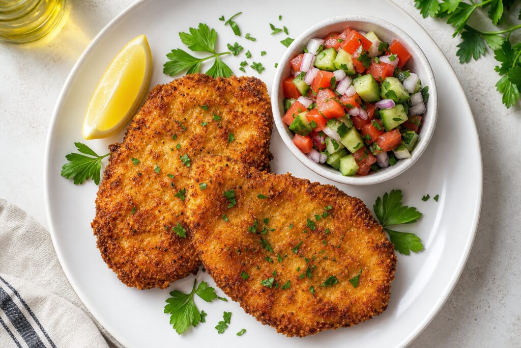 שניצל עוף ישראלי פריך ומוזהב על לוח עץ עם לימון ופטרוזיליה