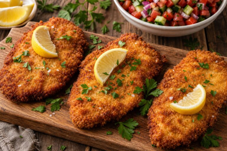 שניצל עוף ישראלי פריך ומוזהב על לוח עץ עם לימון ופטרוזיליה