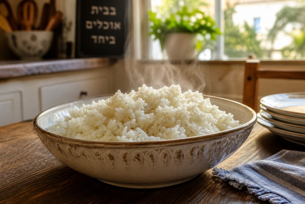 אורז לבן רך בקערת הגשה מעל שולחן עץ