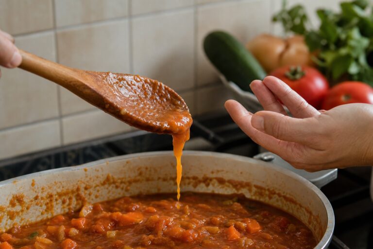 כף עם רוטב סמיך במטבח ביתי — בדיקה שהמנה מוכנה