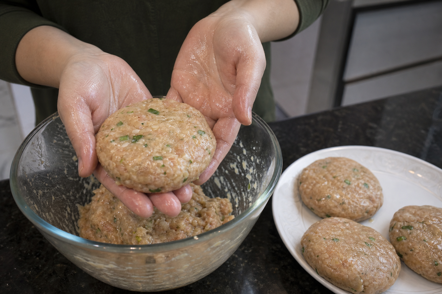 קציצות עוף מוזהבות בצלחת עם אורז לבן וסלט