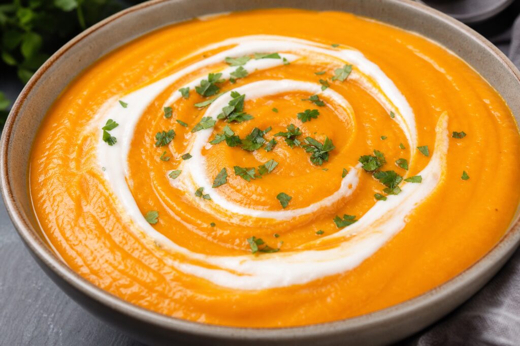 מרק בטטה סמיך כתום בקערה עם גרעיני דלעת